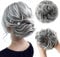 JJstar Haarteil Mit Gummiband, Groß Dutt Haarteil Gelockt Haargummi Mit Haaren Hochsteckfrisuren Haarverlängerung Messy Bun Haarteile für Damen Mädchen Pferdeschwanz (Graue und weiße Spitzen)