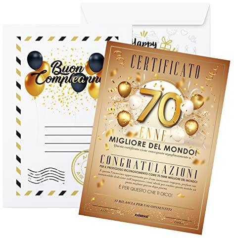 KAÏDENSÏ Idea regalo hombre 70 años – Certificado 70 Enne Mejor del Mundo – Tarjeta de felicitación original – Ideas regalos cumpleaños originales para él y ella – Gadget Bromas Tarjetas Divertidas