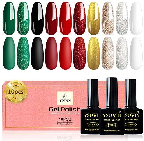 Yueshop Gel Nail Polish Set - 10Pcs Nail Gel Polish Christmas Series Set Red Green Black Gold Silver Glitter Soak off UV/LED Long Lasting Gel Varnish Manicure Set 8ml, Pack of 10