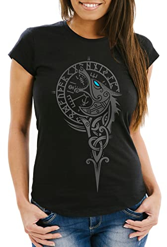 Neverless® Damen T-Shirt Wikinger Kompass Fenriswolf Fenrir Vegvisir Wolf Asgard Valhalla Walküre Slim Fit schwarz M
