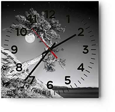 Modern Wanduhr Voll der Mond Baum 30x30cm Quadrat Klein Wand Uhr Glas Analog Zimmeruhren Küche Büro Wohnzimmer Glasuhr Wall Clock Dekoration Design Wanddekoration Küchenuhr C4AC30x30-4689