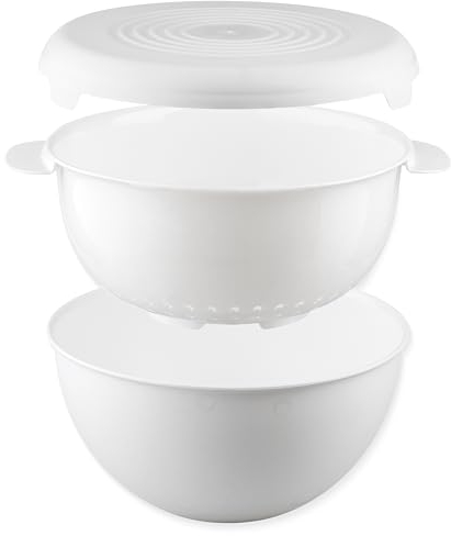 Go Practic Lot de 3 saladiers en plastique avec passoire et couvercle - Passe au lave-vaisselle - 3 l - Blanc