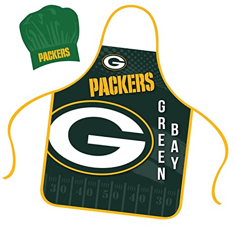 Mojo Licensing Green Bay Packers Schürze, Kochmütze, Set, vollfarbig, Universalgröße, Raffhalter, Grillen, Heckklappe, Grillen, Kochgeber, Grillen, Team-Farbe, Einheitsgröße