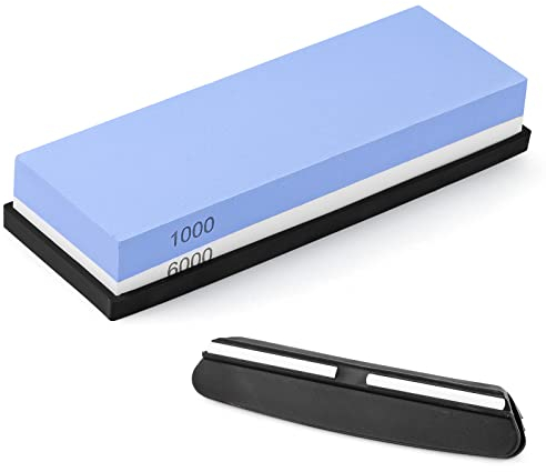 Abziehstein Schleifstein Messer Set 2 in 1 Professionell Wetzstein für Messer 1000/6000 Körnung Schleifstein Messerschärfer mit Rutschfestem Silikonhalter und Winkelführung für Messer