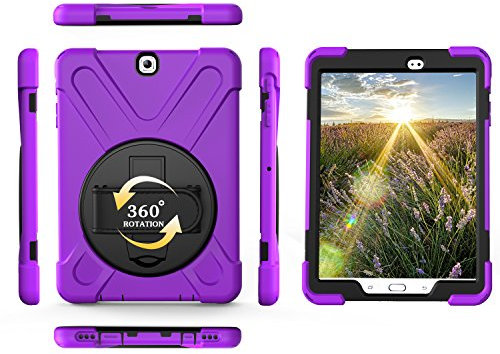 Cover Samsung Galaxy Tab S2 9.7 T819 T818 T815 T813 T810, Resistente Antiurto PC Duro 360 Gradi Cavalletto Rotante, Band da Polso, Silicone Protezione Custodia per Famiglia/Bambino (Viola)