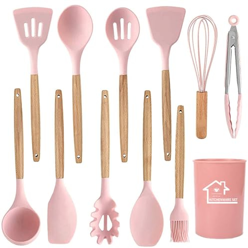 Set di utensili da cucina in silicone, set di spatole in legno da 12 pezzi, utensili da cucina per pentole antiaderenti, spatole in silicone per strumenti di gadget da cucina