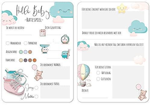 beriluDesign Babyparty Spiel – 25 Karten zum Ausfüllen – Hochwertiges Babyshower Ratespiel in neutralem Design