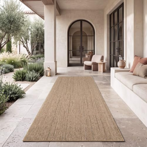 TT Home Waschbarer In-& Outdoorteppich Wetterfest Garten Terrasse Esszimmer Boho Muster Unicolor Meliert Moderner Style, Farbe:Hellbraun Beige, Größe:80x150 cm