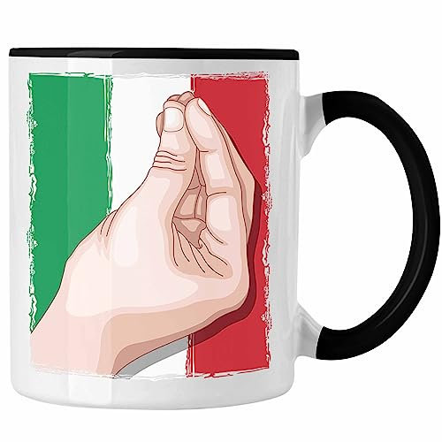 Trendation Tazza bandiera Italia gesto della mano Regalo per gli amanti dell'Italia (Nero/Schwarz)