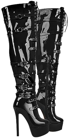 blingqueen Damen Plateau Stiefel Overknee Boots Stilettos High Heels Schnürstiefel Punk