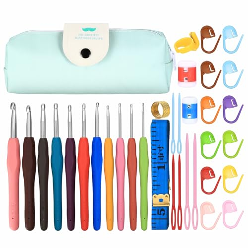 lzijun Häkelnadel Set, 31 Stück Häkelhaken Set, 2mm-7mm Ergonomische Häkelnadeln Set, Stricknadeln, Häkelset für Anfänger, Gummi Häckelnadel, mit Häkel Zubehör, Tragbaren Tasche