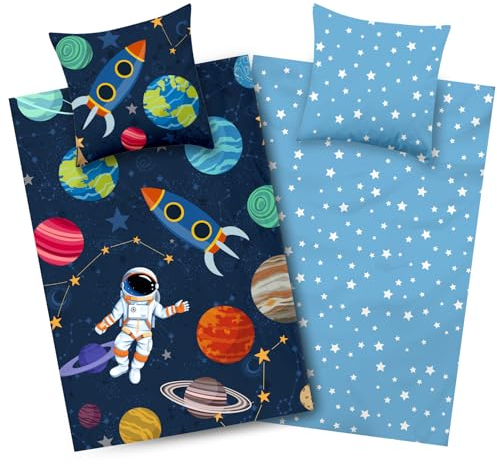 Aminata kids Weltraum Bettwäsche 135x200 Weltall-Motiv Kinder-Bettwäsche-Wende-Set Jungen Rakete Baumwolle Weltraum Motiv mit Astronaut YKK Reißverschluss blau