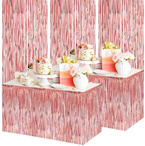 3pcs Tinsel Curtain Rose Gold Glitter Foil Door Curtain Party Backdrop Fringe Curtains Streamers Shimmer Curtain & 2pcs Foil Fringe Garland Table Skirt for Girls Birthday Wedding Xmas Party Decoration