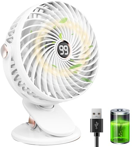 Ventilador de Mesa, Ventilador USB Silencioso con Pinza, 6000mAh Portatil Mini Ventilador Pequeño, Pantalla LED, 5 Velocidades 720° Rotation, Ventilador Sobremesa para Oficina Hogar Camping