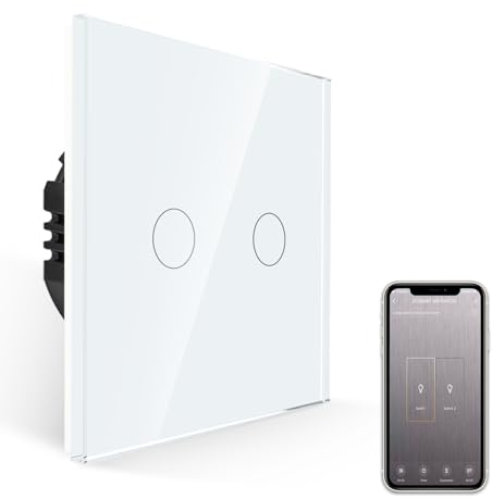 JIMEIDA Smart Touch Lichtschalter Weiß Glas Panel 600W Smart Lichtschalter für Alexa, Google Home, 2 Gang mit Status-LED, Neutralleiter Erforderlich