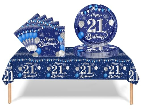 37Pcs 21st Birthday Tableware Set Navy Blue, 21st Birthday Decorations with Party Paper Plates and Napkins,Plastic Table Cloth for Her His Girl Boy Happybirthday Table Decoration Dinnerware Supplies