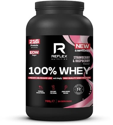 Reflex Nutrition 100% Whey Protein - 80% Pure Whey Protein - EAA Amino Acids - No Added Sugar - Whey Protein Powder for Pre Workout & Post Workout Recovery (Strawberry & Raspberry, 720g, 24 Servings)
