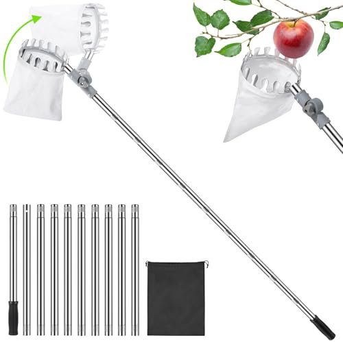 Raccoglitore Frutta Telescopico 4.2M Raccogli Fichi Angolo Regolabile con Palo Estensibile in Acciaio Inox, Leggero Raccogli Frutta da Albero per Arance,Limoni,Fichi (4.2M)