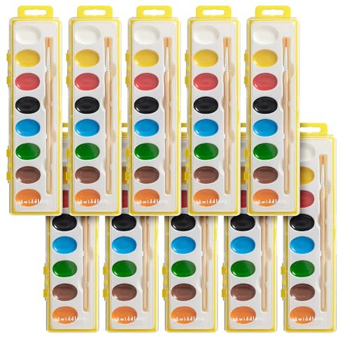 THE TWIDDLERS - 10 Aquarellfarben-Palettensets, einzelne Etuis mit Holzpinsel und 8 leuchtenden Farben, nur Wasser hinzufügen, abwaschbar - Partytütenfüller für Kinder, Geschenke fürs Klassenzimmer