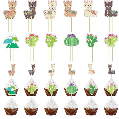 Neikafan Cupcake Topper Alpaka 48 Stück Kaktus Tortendeko Alpaka Cake Topper, Tortenaufleger Alpaka Kuchen Tortendeko Geburtstag für Wald, Tiermotiv, Babyparty, Party, Tischdekoration