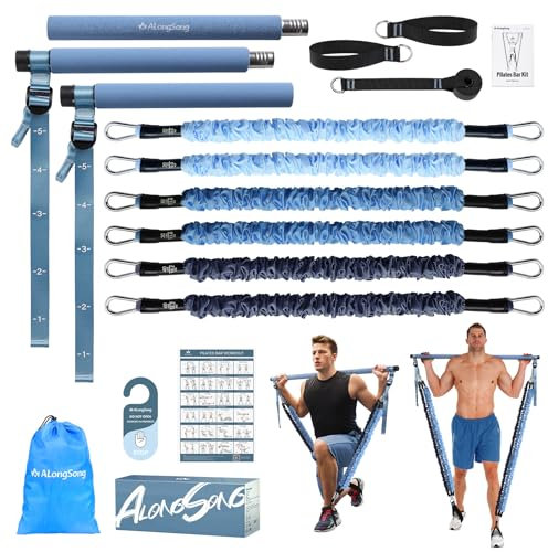ALongSong Kit Pilates con 6 Elastici Fitness in Tessuto(20-180 LBS), 2 Cinghie per Caviglie e 1 Ancoraggio per Porta, Kit di Allenamento a Casa, Adatto per Allenamenti su Tutto il Corpo - Blu Corallo