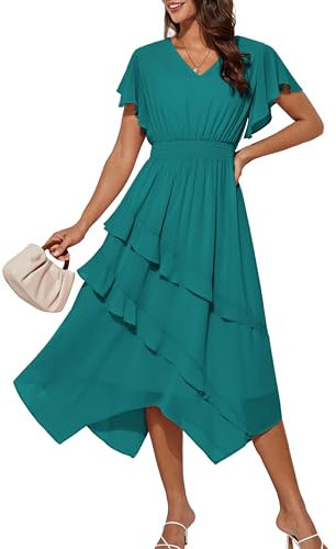 Women's Summer Dress Boho Swing Flowing Ruffles Hem Beach Dresses M Blue-Green