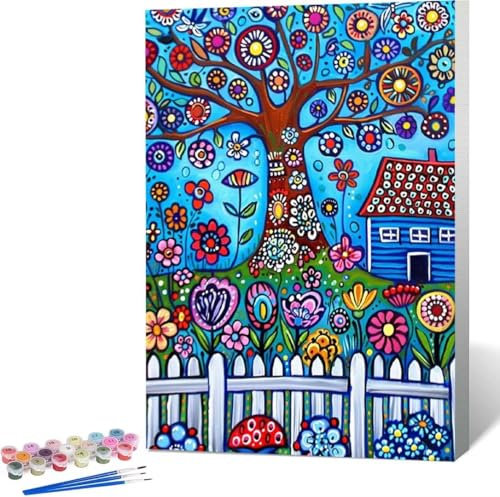 Malen Nach Zahlen Erwachsene Blume Malen Nach Zahlen mit Rahmen Malen Nach Zahlen Klein 70x95 cm Paint by Numbers Adult mit Pinseln und Acrylfarben Bastelset Geschenke und Home Haus Deko (Baum) N-Y