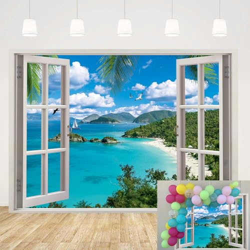 Summer Beach Window Backdrop Hawaiian Ocean Tropical Island Blue Sky Clouds Scenic Photography Background Luau Party Banner Living Room Bedroom Photo Booth Props (8x6FT)