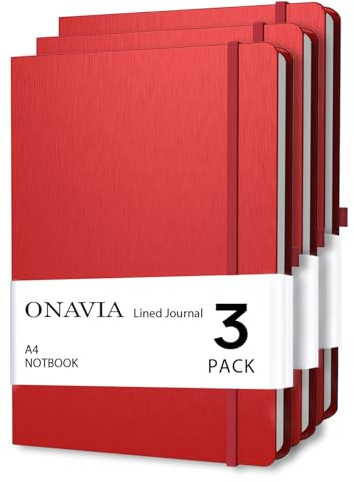 ONAVIA A4 Hardcover Liniertes Notizbuch 3er Pack, 80 Blatt, Rot | 160 Seiten, 21 × 29,7 cm, Hardcover, Liniert, Notizbuch für Schule, Studium und Büro