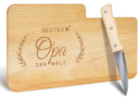Geschenke für Opa Geschenk, Brotzeitbrett Holz mit Gravur “Bester Opa der Welt” & Messer, Vatertagsgeschenk für Opa, Frühstücksbrettchen Holz Schneidebrett Jausenbrett Geburtstagsgeschenk für Opa
