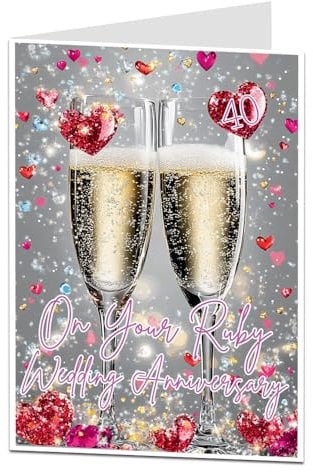 LimaLima Ruby Wedding 40th Anniversary Card Sparkly Champagne Flute Design Celebration Card for Mum, Dad, Friends or Couple