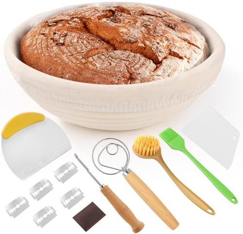 Cinnani 23cm Rundes gärkorb zum brotbacken-Set,Gärkörbchen,Gärkorb Brot Set,Brotkorb Mit Waschbarem Leineneinsatz, Leicht Zu Reinigen Brot Backen Zubehör,Professionelles Brotbackzubehör
