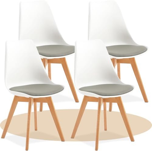 Dekohome Pack de 4 Sillas de Comedor, Sillas de Cocina con Respaldo Ergonómico, Asiento Acolchado Tapizado y Patas de Madera Maciza de Haya, Blanco y Gris