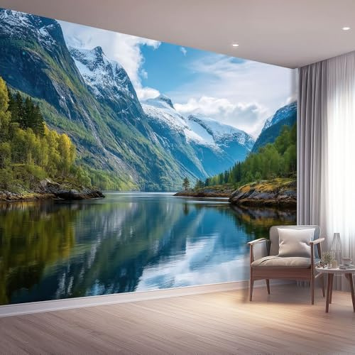 Fototapete Nordische Landschaft Natur Berge Blätter Vliestapete Für Wohnzimmer Schlafzimmer, 200 x 140 cm (W×H) Moderne Hintergrund Wanddeko - Blau 3D Effekt Panorama Wandtapete