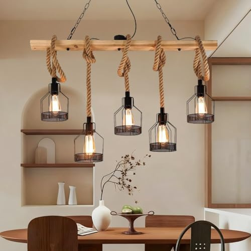 PANNN Suspension Industrielle En Métal E27 Lampe De Table À Manger En Bois Lustre Vintage En Corde Décoration Rustique Maison Convient Pour L'éclairage Salle À Manger Cuisine Du Salon Bar(Five head)