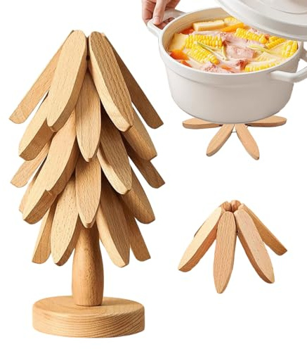 Set sottopentola e sottobicchieri in legno per albero di Natale per caldi, set sottopentola pieghevole a forma di albero con 3/5 di legno + 1 supporto riposto per della cucina del ristorante