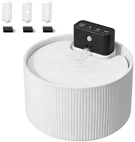 Fontaine pour chat sans fil en céramique, 2,2 l, détecteur de mouvement, 3 kits de filtres, adaptateur européen, rechargeable 4000 mAh, filtration multiple, super silencieuse (chat/chien)