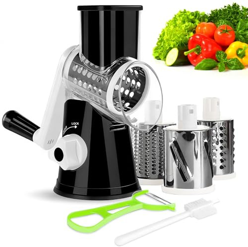Rallador de Verduras Manual Cortadora de Mandolina de Tambor con 3 Blades Maquina Cortar Verduras Cortador Multifunción para Queso Rayadores para Cocina Verduras y Frutos Secos (Negro)