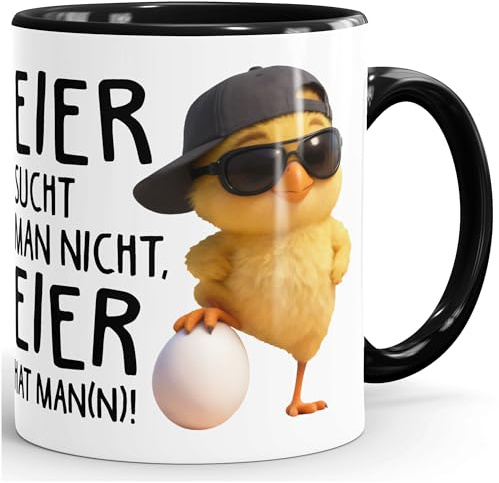 MoonWorks® Tasse mit Spruch Eier sucht man nicht Eier hat man - Männer Statement - Bürotasse lustige Kaffeebecher - Keramik Weiss-innen-schwarz standard