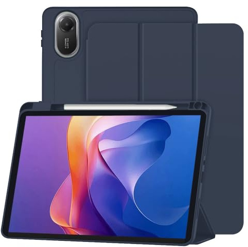 Techsuit für Xiaomi Redmi Pad 2 Hülle mit Stifthalter, Dreifach Faltbarer Ständer, Schlankes Design, Anti Fingerabdruck, Präzise Aussparungen, Flex Trifold Series, Dunkelblau