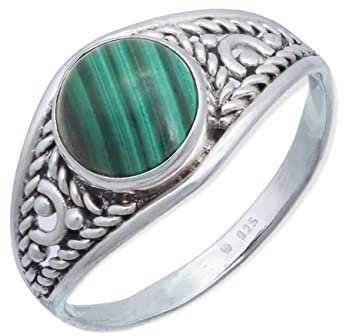 Ring 925 Silber Malachit grüner gestreifter Stein Edelstein echt Silber Damen Sterling Silber Geschenk (MRG-116-10-(56))