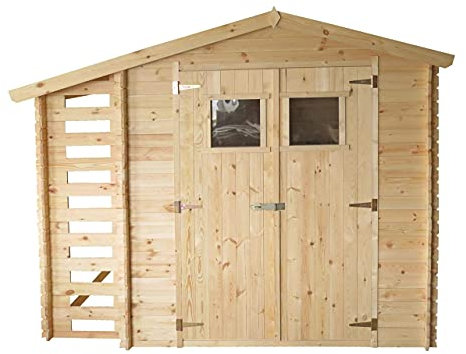 TIMBELA Gartenhaus Holz Mit Brennholzschuppen M386 - Geräteschuppen Holz B272xL206xH218 cm/ 3,53 + 0,97 m2 Lagerschuppen - Fahrradgarage Holz Wasserfestes Dach