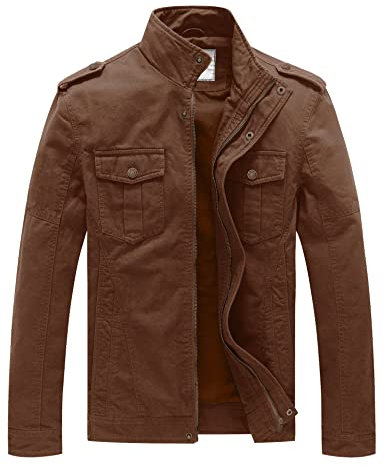 WenVen Homme Veste Décontractée Veste d'Extérieur Légère Manteau en Coton Coupe Ajustée Veste Cargo de Style Militaire Manteau Multipoche Elégant Brun XL
