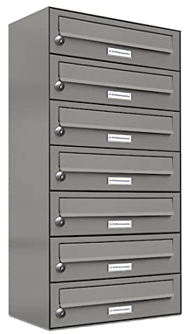 AL Briefkastensysteme 7er Briefkastenanlage Aluminiumgrau RAL 9007, Premium Briefkasten DIN A4, 7 Fach Postkasten modern Aufputz