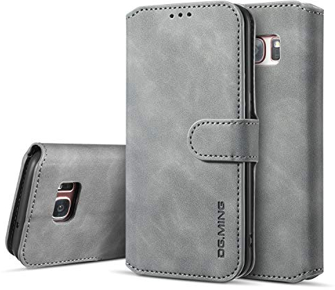 UEEBAI Handyhülle für Samsung Galaxy S7 Edge, Hülle Retro Premium PU Leder Weiche Klapphülle Magnetverschluss Wallet Kartenfach Standfunktion Cover Anti Kratzern Flip Case Trageband Schutzhülle -Grau