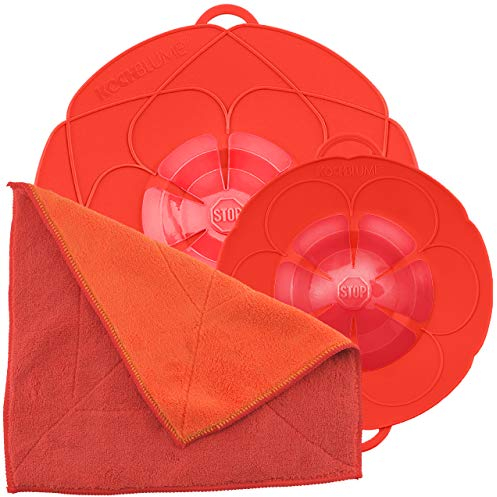 Kochblume Spar-Set für Töpfe von 14 bis 24 cm mit Microfasertuch als Set in der bunten Box | Silikon Überkochschutz für Töpfe und Pfannen (rot)
