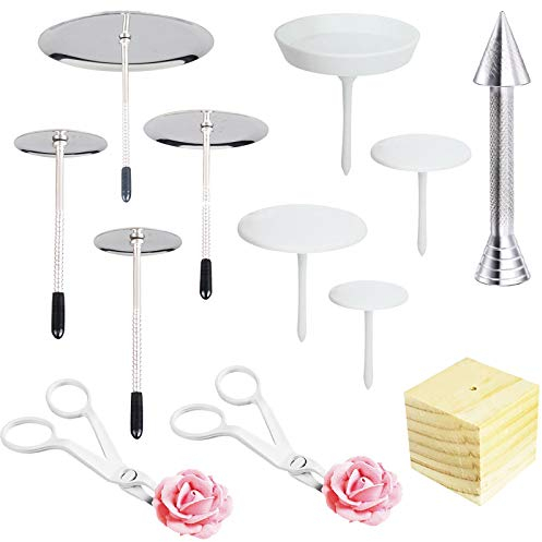 Woohome 12 x Cake Decoration Nails, 8 x 2 Style Cake Flower Needle Nails, 2 x Plastic Scissors and 1 x Wooden Stand, 1 x Icing Dispensers for Cakes, Cup Cakes