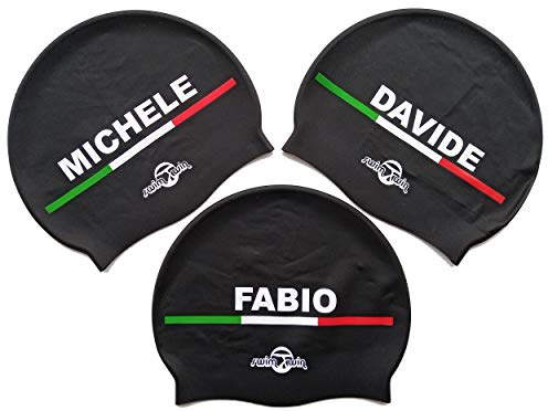 Swimxwin Gorro de Silicona Personalizado con tu Nombre | Nombres Masculinos | Adultos y niños | Gorro de Natación| Alta Comodidad y adherencia | Diseño y Estilo Italiano | Color Negro |