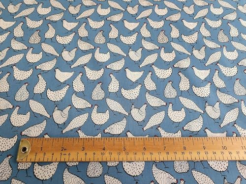 Oddies Baumwoll-Popeline-Stoff, Motiv Hühner auf blauem Hintergrund, 112 cm, 100 % Baumwolle, 130 g/m², Meterware (Copen Blue)
