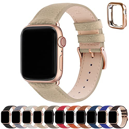 Fullmosa Correa para Apple Watch, Correas de Cuero Genuino Compatible con Apple Watch SE Series 8 Series 7/6/5/4/3/2/1/Se/Se2, Caqui + hebilla de Oro rosa,38mm/40mm/41mm